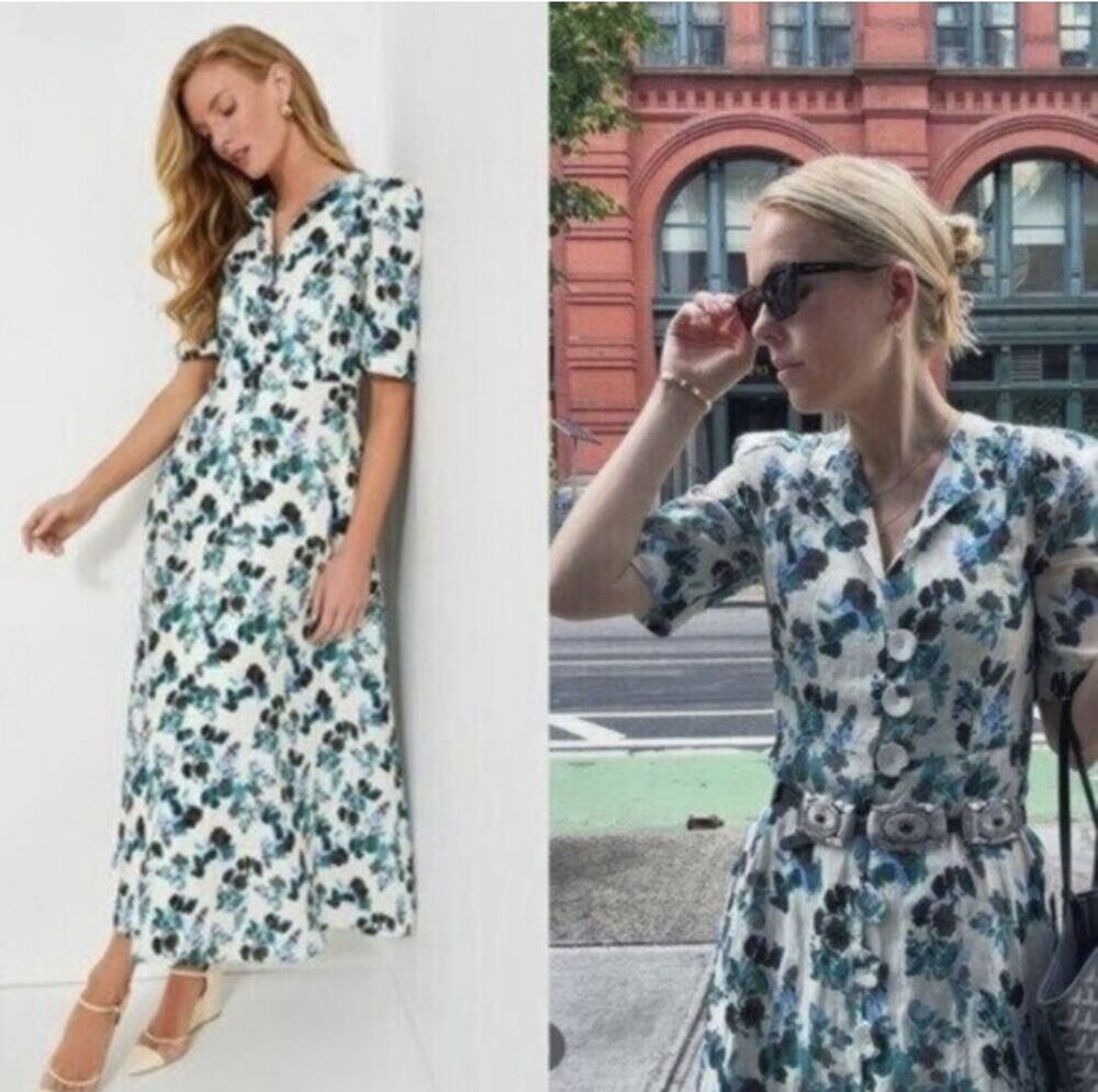 NWT Tuckernuck Budding Bluebell Hadley Dress Blue White Print Shirt Dress M
